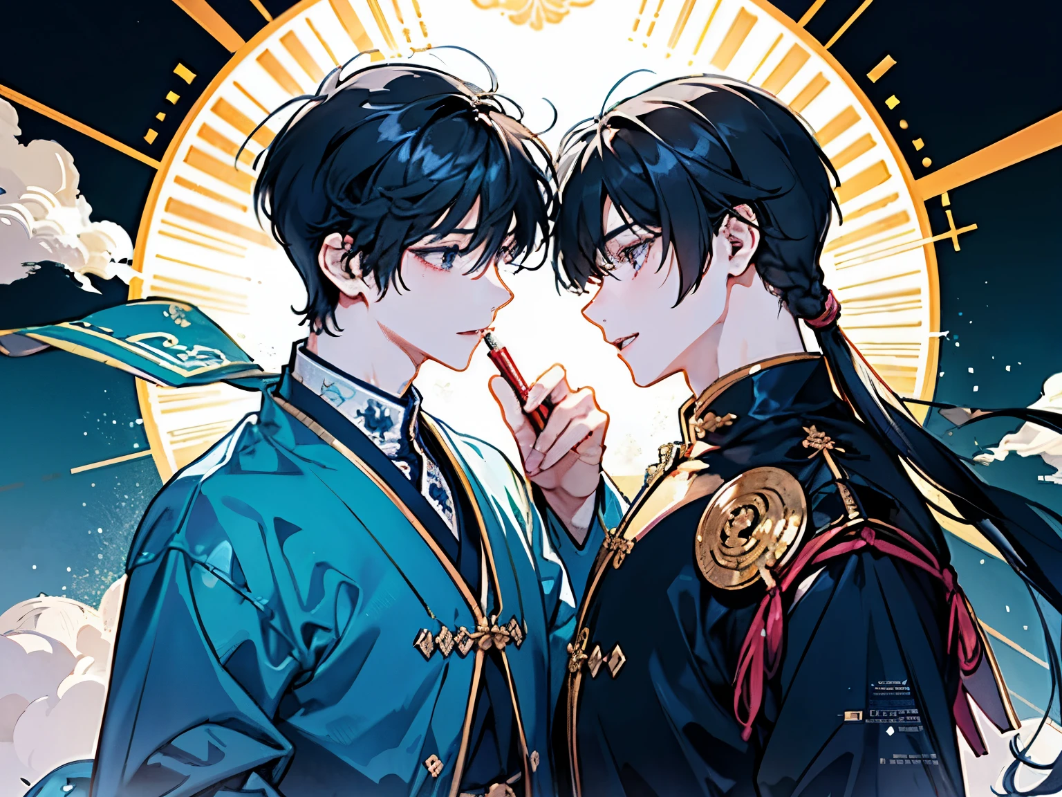 ((Two boys around )),(古代中国風のgod官のような赤と白の衣装),((A dragon shining like crystal as it rises into the sky)),((long hair:1.35)),Hair tied to one side,smile,A fantastic atmosphere,(god々New Background),((They are staring at each other))