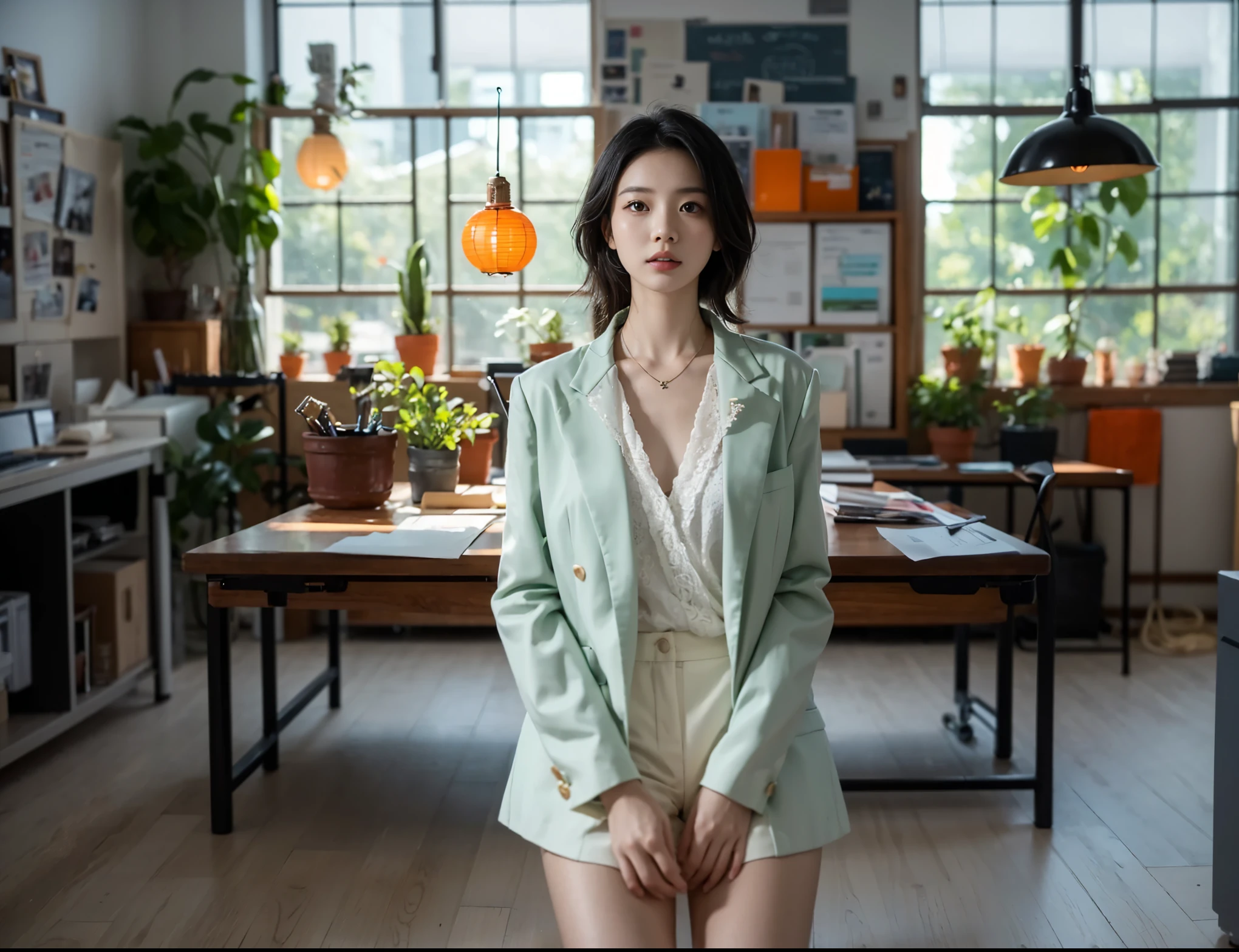 In the creative studio, a Chinese woman wearing a mint green blazer ,white shirt, and medium-length black hair for a portrait session,25 years old, full body shot,a simple background, a clean introduction, a white background, a modern office scene, surrounded by activity plans and various creative materials