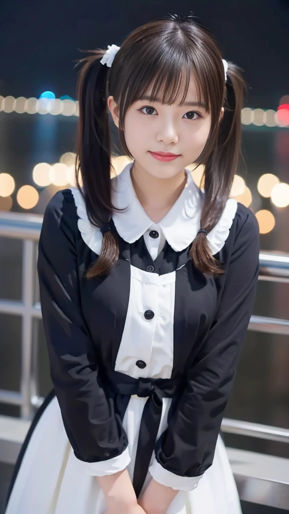 (highest quality,masterpiece:1.3,Ultra-high resolution),(Very detailed,8K),(Realistic:1.4,RAW shooting)。blurred background、Looking at the audience、Shy expression、18-year-old girl、Twin tails。A cup breasts、Idol Costumes。City of night。Night view。