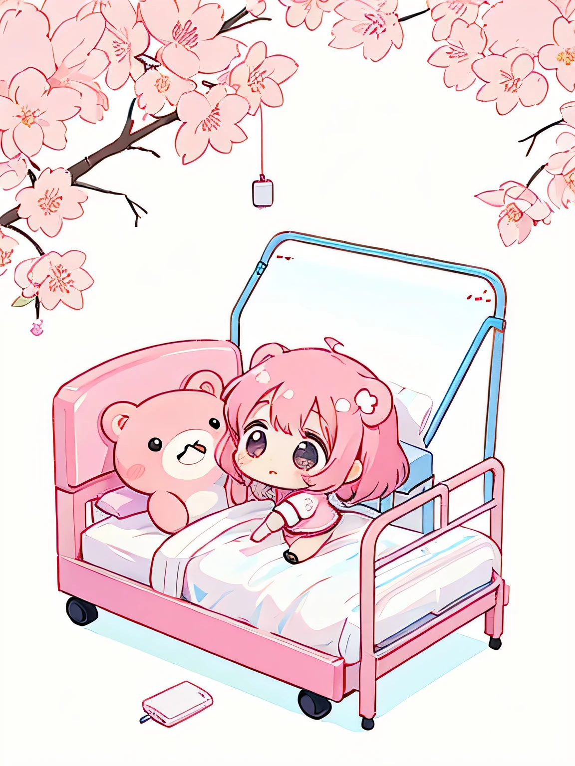 Momoko Sakura Style, Kawaii Design, The most beautiful girl of all time、Chibi, cute bears、playing, hospital bed