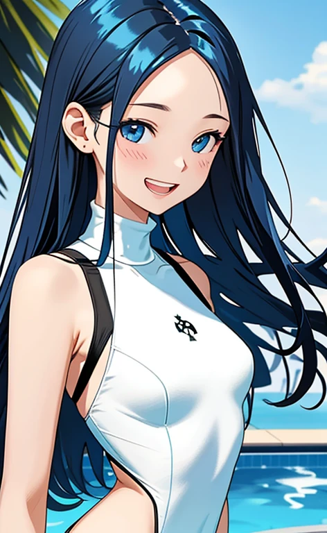 (masterpiece:1.4、top-quality、illustration:1.4,realistic、)、(character focus、breast focus,upper body:1.3)、(1girl),(Open mouth happy grin:1.3),(half closed eyes),cute face,blue eyes、()、
,(stand:1.4),(Shining smile),
,(slender),(turtleneck holder black cute swimsuit:1.3),(long blue hair:1.6,forehead:1.3), (small breasts:1.3)、
、slender、pool,、