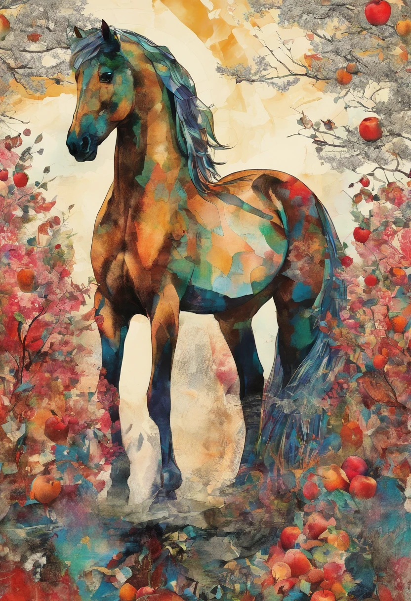 cheval frison nonchalant stoïque assis (expression d'indifférence), regard vide froid, posture sage, fond soleil d'été rayonnant (fruiting apple trees) :2 colorful ink painting ::2 art fantasy