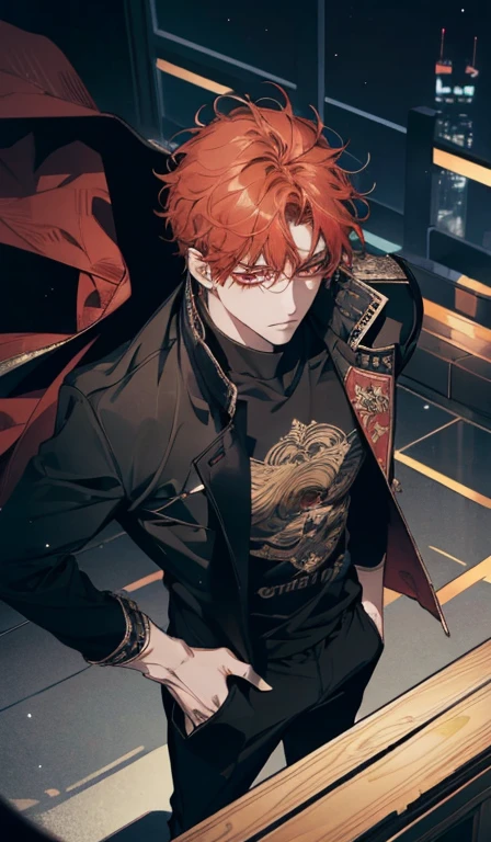 (absurd, high, extremely detailed),((masterpiece)), ((best quality:1.1)), High resolution, 8k, upper body, 1 boy, (red hair, curly hair light, layered hair :1.1 ), ((super short hair, neatly combed)), shaded face, (men's black coat with red interlacing, black loose t-shirt, men's colored jogger pants black: 1.1), , (top view 1.1), ((red eyes)), (katana in hand), night city, standing posture, looking at people