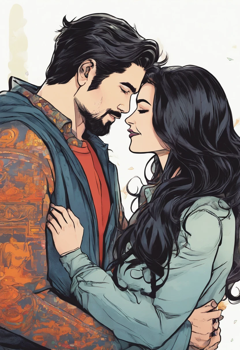Man with beard black flannel Felix hugged with slim woman long black hair with flannel Genesis 