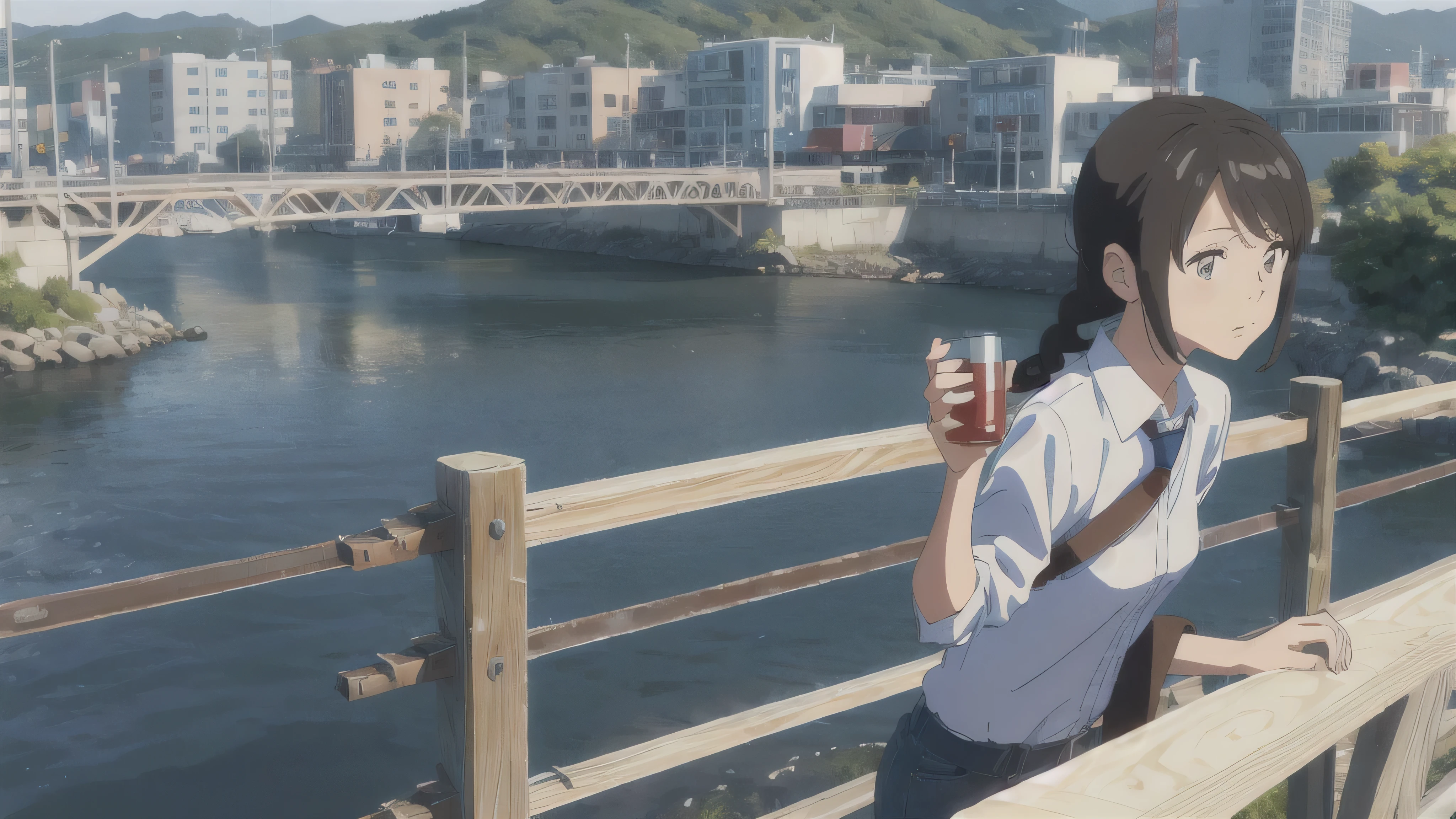 The Wind of Sincerity, anime, On Bridge, Moving visual effects, Natural glare. Denim with a dress shirt and tie, A 20-year-old girl with a kind face drinking coffee alone at On Bridge. She is wearing glasses and listening to music happily while drinking coffee.,Braid,