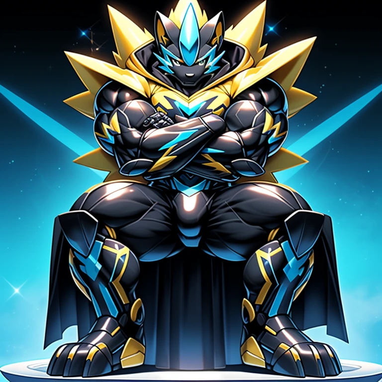 Wearing full plate armor Its full plate armor emphasizes the muscles. mechs, Wearing cyberpunk mecha, a knight's mechanical armor, glowing wide and heavy armor, he wears a bizarre fantasy surreal-style chest armor with scales, absolutely stunning art, He wears the same armor as himself from head to foot. galactic cybernetics mask, super hero, hero, bodysuit, a furry hero whose presence inspires trust and respect. latex bodysuit, (masterpiece, best quality, detailed:1.2) (Pokémon) Powered exoskeleton with the same design as Zeraora big muscle, pecs, triceps, traps, waist narrow, unusually developed muscular body, bulge in the crotch, wears a small black string thong that reveals huge, muscular thighs. (metallic color: jet black thong) body full of huge muscles. also have a cloak on my back. The cloak is black. The cloak is so long that it touches the ground, showing off muscles, Correct limbs, detailed full body, Very muscular, Large pecs, Heavyweight, big bump, sparkling skin, Vibrant colors, 4K, realism, full body, wearing a dark bodysuit underneath, 4K, realism, Don't stray too far from Zeraora's design, Furry Heroes, Main is yellow COLOR, Main is yellow COLOR. pectorales enormes. Exaggeratedly huge muscles. sitting on the throne, crossed arms looking down at the other person.