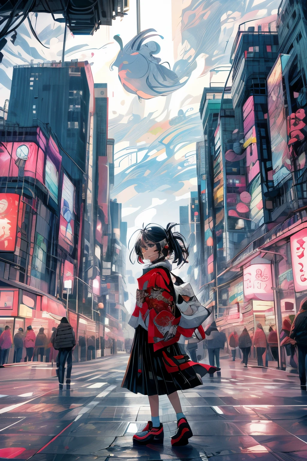 In the modern city,A girl and her shadow,The shadow is the devil in the girl's heart,Fisheye lens,lens with tension,The main body of the picture is a large urban background,Bright and fresh picture,A beautiful, abstract, huge city and a tiny, clean girl in it,An ordinary Japanese anime girl in a surreal background
