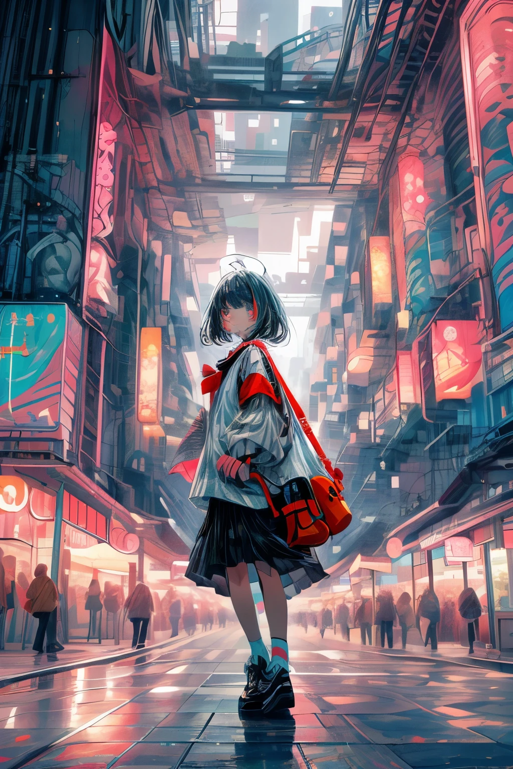 In the modern city，A girl and her shadow，The shadow is the devil in the girl&#39;s heart，Fisheye lens，lens with tension，The main body of the picture is a large urban background，Bright and fresh picture，A beautiful, abstract, huge city and a tiny, clean girl in it，An ordinary Japanese anime girl in a surreal background