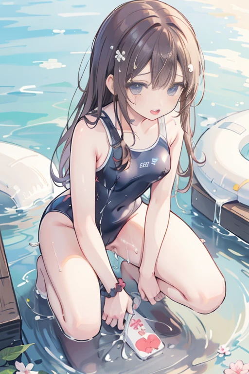 masterpiece, best quality, physically-based rendering, high resolusion, RAW photo, photo realistic,

1 girl, (ars old), Japanese, ((one-piece swimsuit)), brown hair, side tails, flower hair ornament, light blue scrunchie on wrist,

((spread legs:0.5)), ((squatting)), (outdoor shallow pool), (lower body in water),

 BREAK

looking at viewer, 

(wet clothhes:1), (wet body:1),

((leak urine:1)), ((orgasm:1.5)), ((covered erectile nipples:0.7)),

(from front), (from above:1.4),