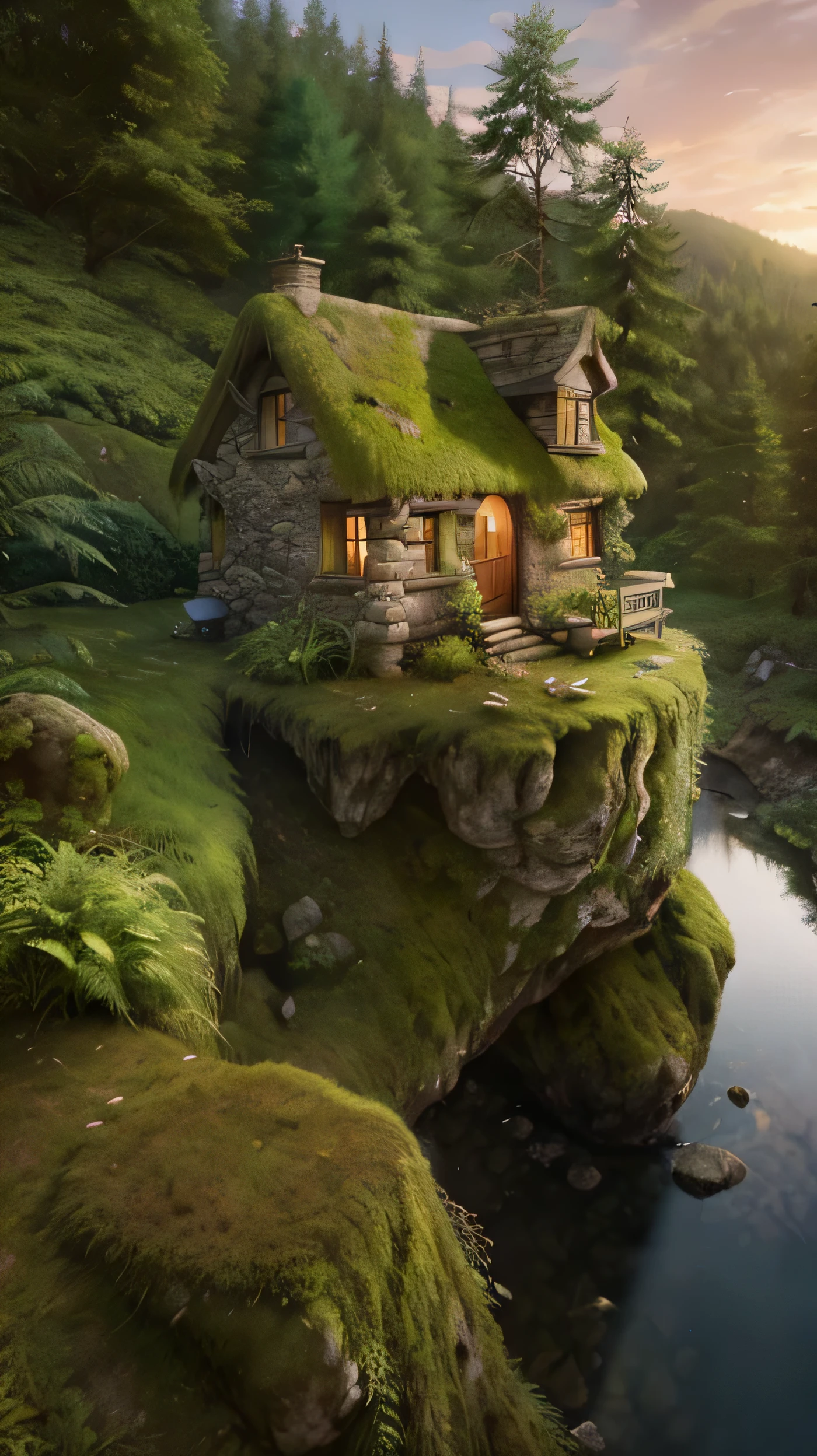 there is a small house on a cliff with moss growing on it, fantasy house, idyllic cottage, realistic fantasy render, cottage in the forest, solitary cottage in the woods, beautiful render of a fairytale, cottage in the woods, fantasy matte painting，cute, andreas rocha style, little cottage, abandoned cottage, house in forest, andreas rocha and john howe