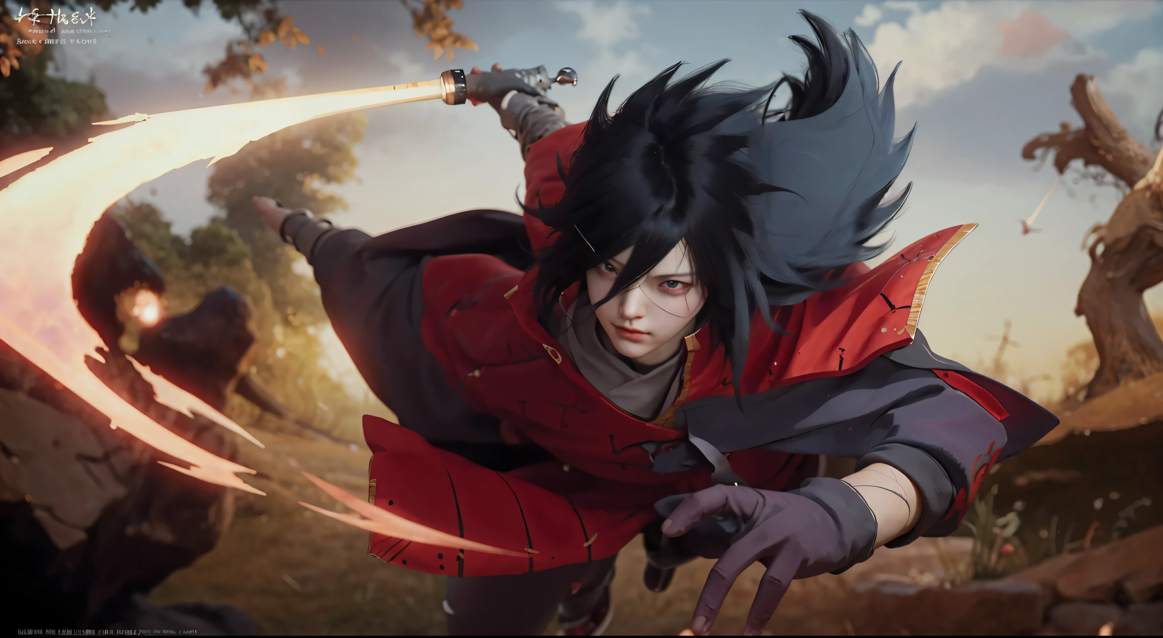 Anime character holding a sword wearing red clothes with many people, Uchiha Madara, Sasuke Uchiha, Cool Anime 8K, Uchiha Bandei, Anime epic artwork, Joker as Naruto,, epic anime style, Anime Wallpaper, Live-action style 8k, High-quality anime art style，Highest image quality, Outstanding details, Ultra-high resolution, (realism: 1.4), Best example, Favor the details，Realistic characters，Realistic image，Hyperrealism