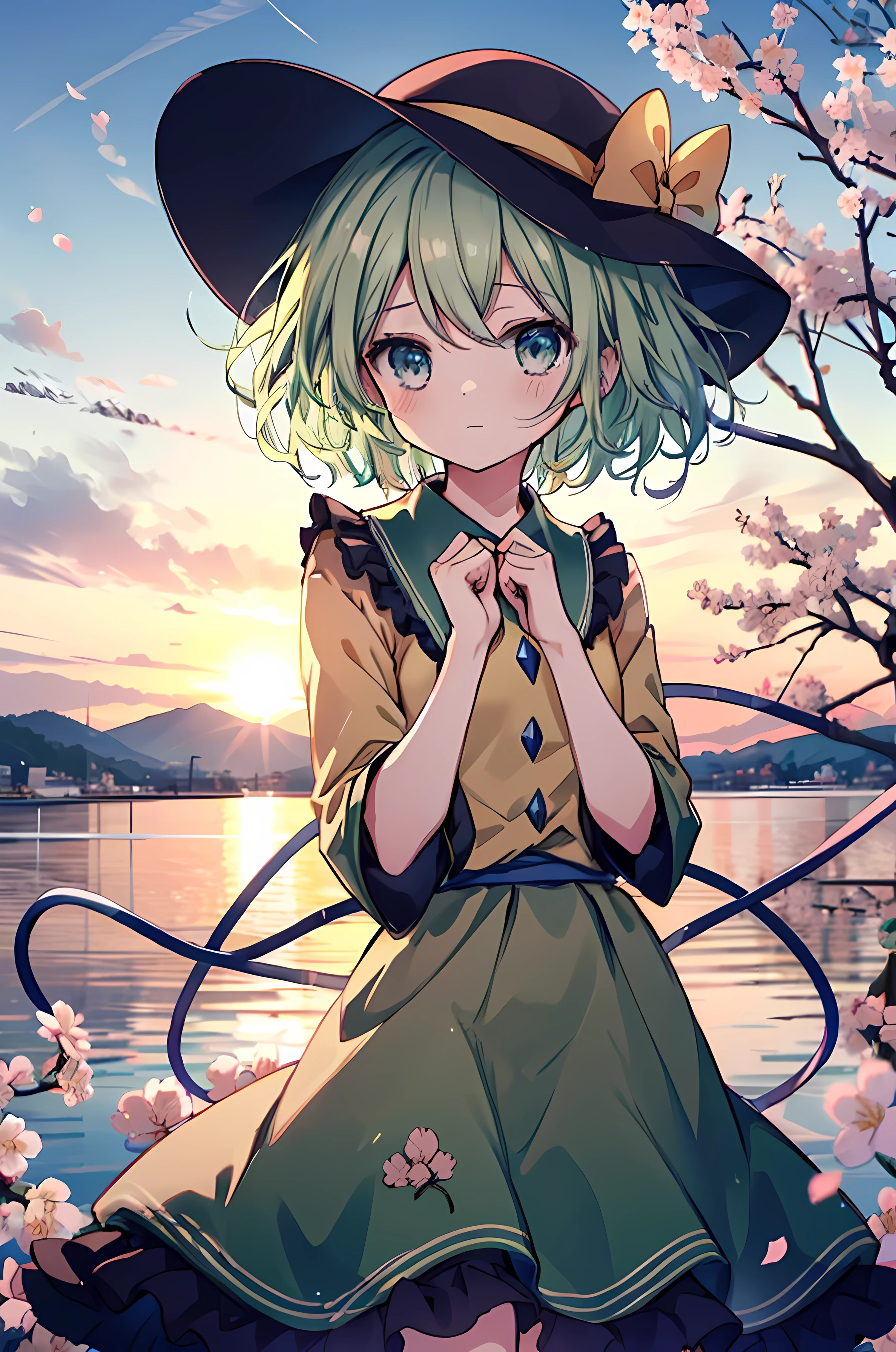 (Best image quality), Koishi Komeiji, Cherry Blossom, spring, sunset, hands back