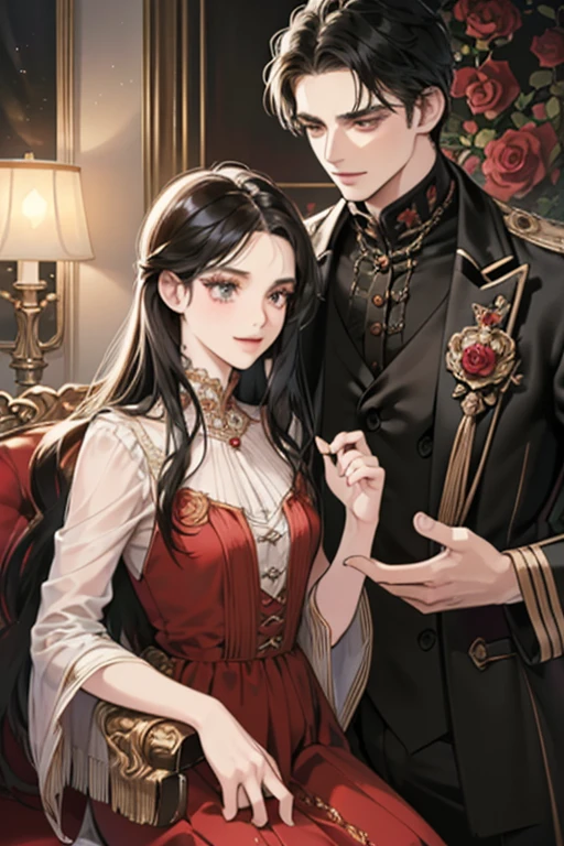(masutepiece, Digital Art, Digital Illustration, 4K, 8K, Ultra-detailed, beautiful image, Sharp Image, Photorealistic, Raw photo, Perfect face, Perfect lines, Perfect eyes, Soft lighting) 1 woman, (Long Black Hair,straight haired,Bullish gaze,Beautie,ellegance,Mode system,Onepiece、Solid makeup,23 y-o woman,small tits:1.3),Two handsome men in suits, (ember,Men in suits,well-muscled,Firm shoulder width,Adult male,Boyish hairstyle,English gentlemanly style,Man in his 30s with a cool expression,28-year-old man with bright smile:1.2),Antique furnishings,Antique Clamps,Antique chair,chandeliers,Crystal Glass,Luxury,fantastical light,Marble fireplace,(embarrassed from,Shy smile,1 red rose:1.2),Antique sofa,Leather sofa,the kiss、kiss、a couple、couple kissing、Romance、doress、single people