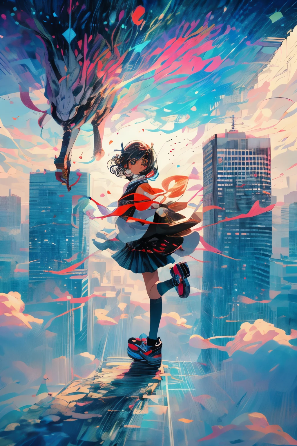 In the modern city，A girl and her shadow，The shadow is the devil in the girl&#39;s heart，Fisheye lens，lens with tension，The main body of the picture is a large urban background，Bright and fresh picture，A beautiful, abstract, huge city and a tiny, clean girl in it，An ordinary Japanese anime girl in a surreal background