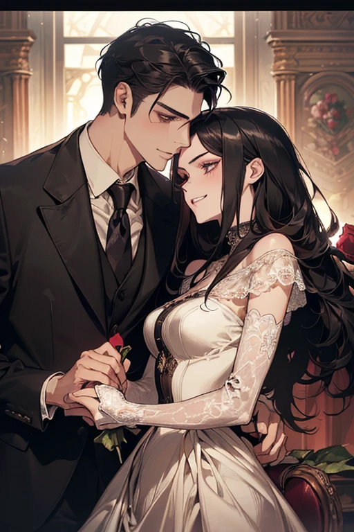 (masutepiece, Digital Art, Digital Illustration, 4K, 8K, Ultra-detailed, beautiful image, Sharp Image, Photorealistic, Raw photo, Perfect face, Perfect lines, Perfect eyes, Soft lighting) 1 woman, (Long Black Hair,straight haired,Bullish gaze,Beautie,ellegance,Mode system,Onepiece、Solid makeup,23 y-o woman,small tits:1.3),Two handsome men in suits, (ember,Men in suits,well-muscled,Firm shoulder width,Adult male,Boyish hairstyle,English gentlemanly style,Man in his 30s with a cool expression,28-year-old man with bright smile:1.2),Antique furnishings,Antique Clamps,Antique chair,chandeliers,Crystal Glass,Luxury,fantastical light,Marble fireplace,(embarrassed from,Shy smile,1 red rose:1.2),Antique sofa,Leather sofa,the kiss、kiss、a couple、couple kissing、Romance、doress、single people