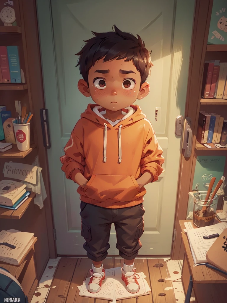 A browned skin boy, at beautiful stage, hoodie, embarrassed expression, feeling shy, illustration book, full body, standing 