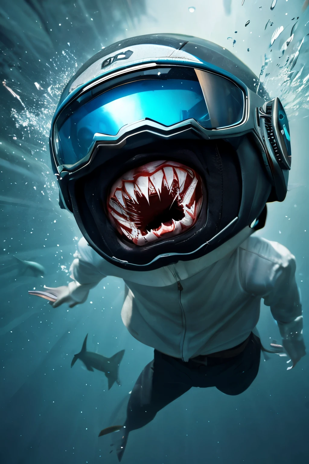 Shark Petit Character、Scary face、Power and dynamism、fear、Boy in mechanic helmet、goggles