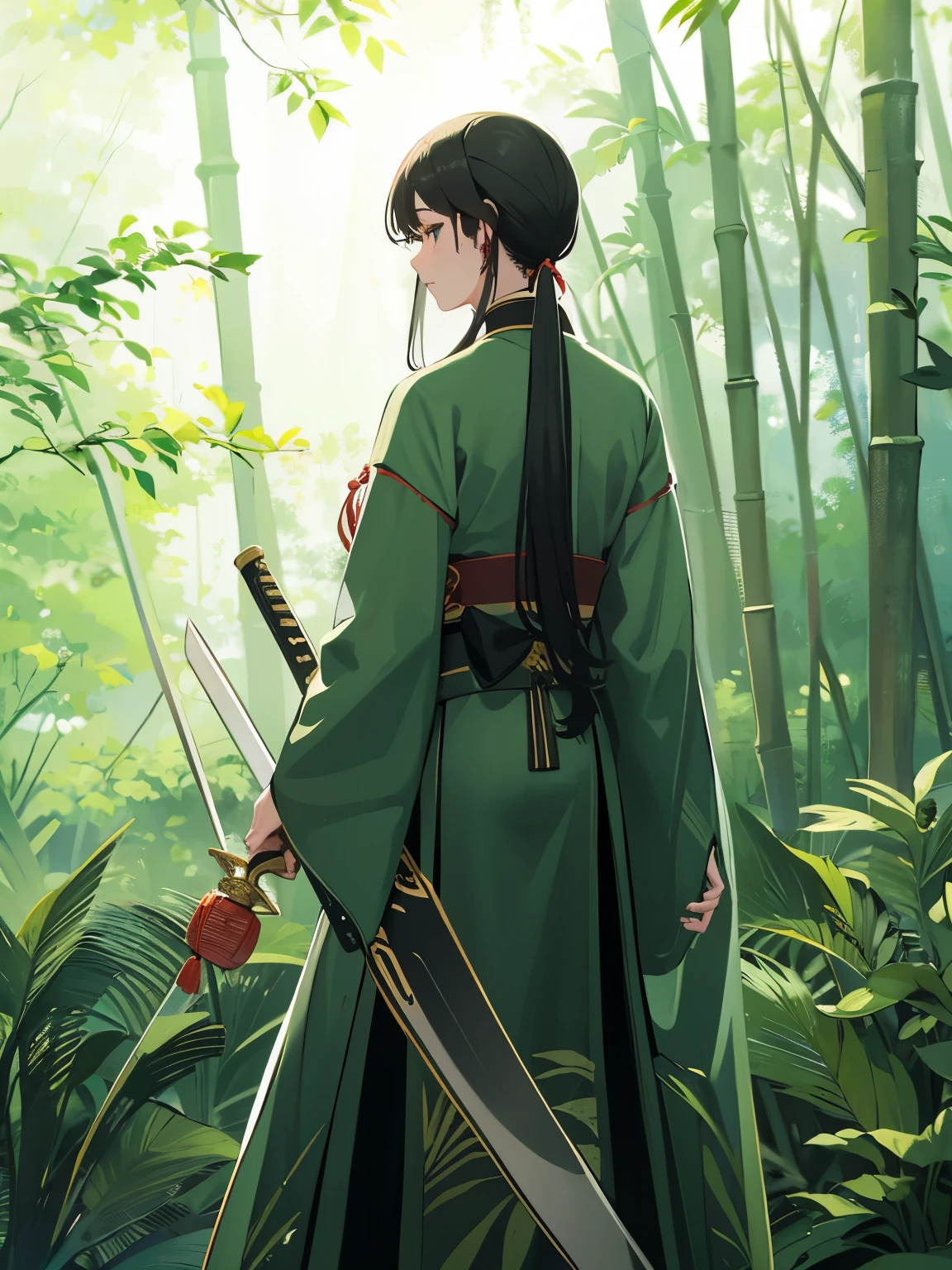 Solo, 1 warriores, hanfu robe, girl, serious face, looking back, with black hair, low ponytail, standing in jungle, view from back, she is looking at back, holding two swords, red jade bangle on hand, chinese hanfu clothes, green hanfu clothes, bamboo pattern clothes, sword with design, black sword with flower design, white sword, Chinese theme, bamboo forest at background,
