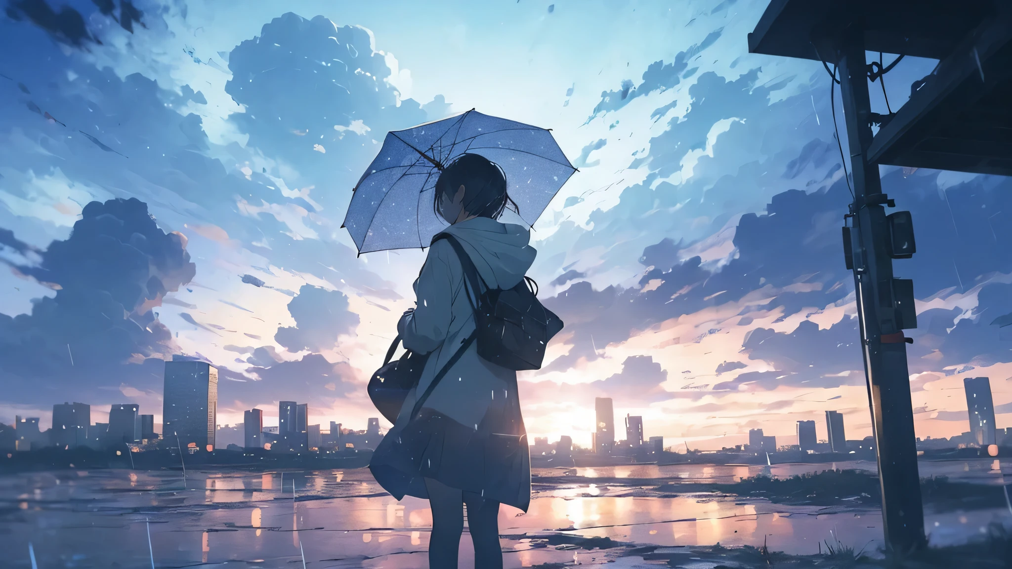 Anime girl with umbrella looking at city skyline in rain - SeaArt AI