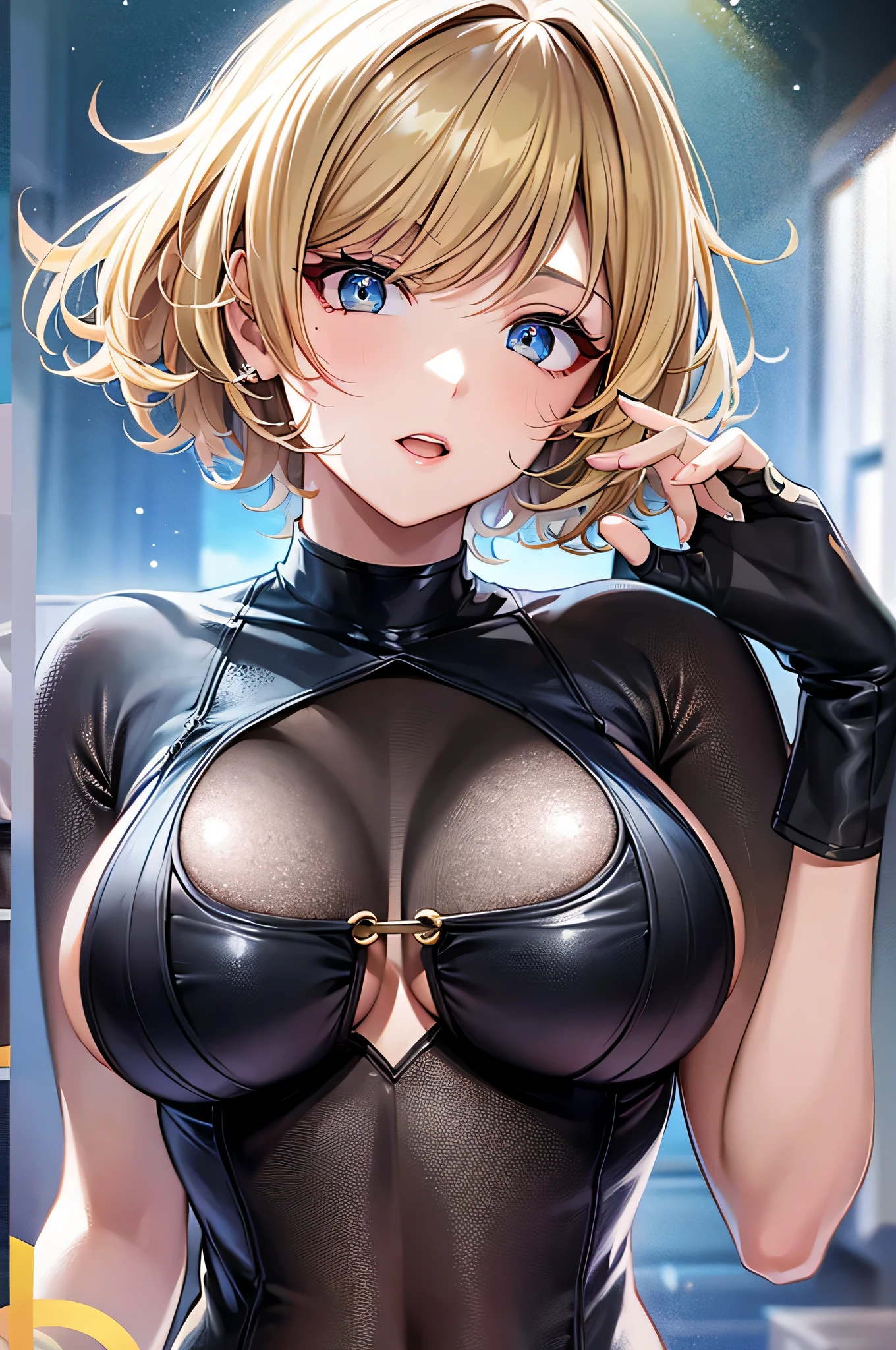 highest quality、Best image quality、masterpiece、Exact number of arms、Exact finger count、Adult female((Age 25、Upper body naked:1.8、Big Tits、Very large breasts:1.5、Showing nipples:1.5,blonde、blue eyes、first round、Black wristband on wrist、,thin)）highest quality,、((From head to thigh 1)),((short hair)),((Inward Curling Bob)) 、Sexy pose