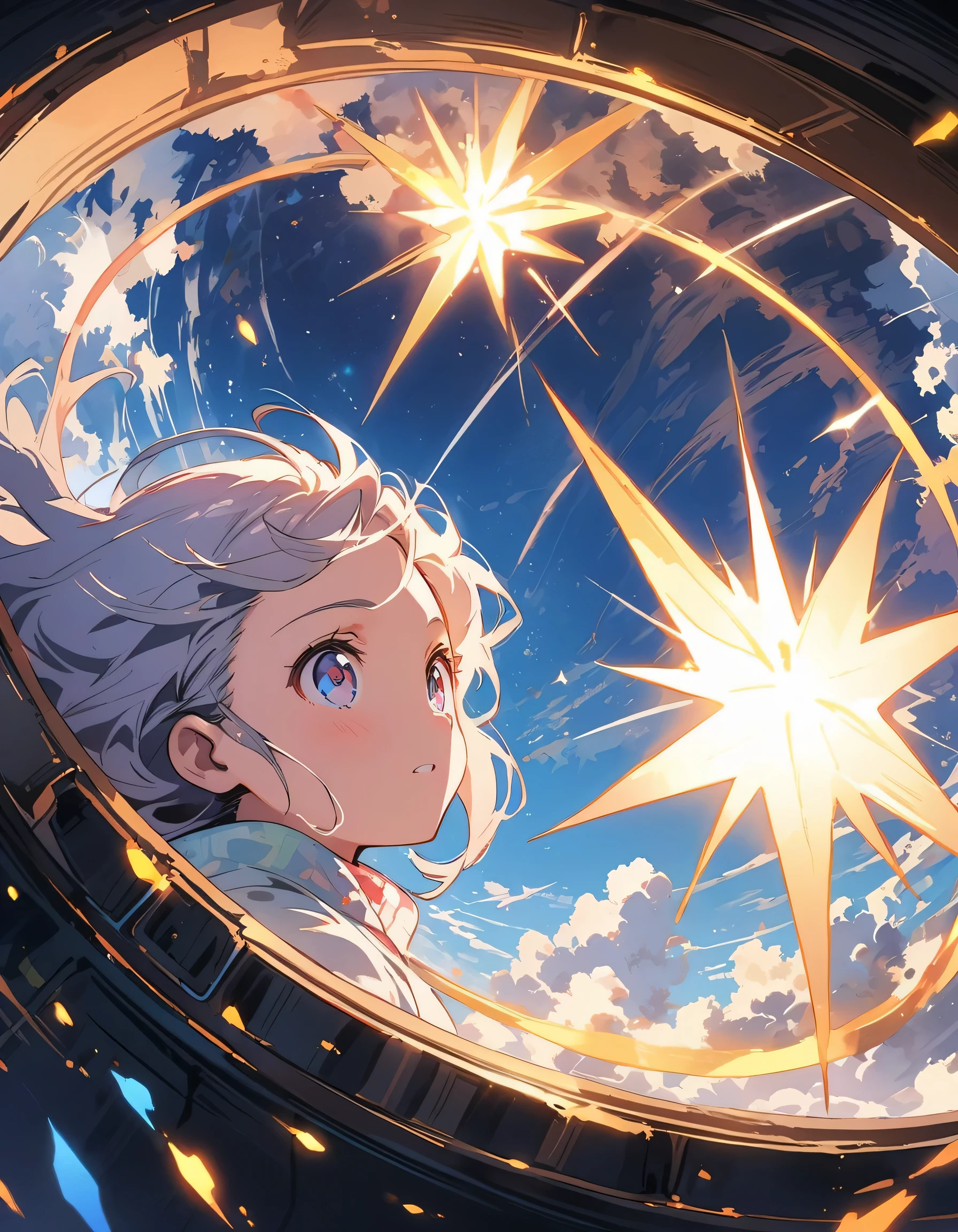 anime style, super fine illustration, highly detailed, dynamic angle, beautiful detailed, 8k, In a spaceship, a -yeld gigazes at the Earth through a window, her eyes sparkling as she sees it for the first time.
