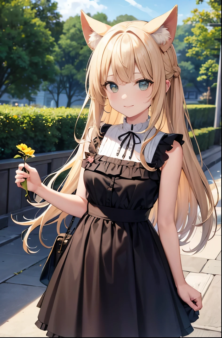 One girl, :is, Animal earsの毛, Animal ears, bangs, black hairbanis, blonise hair, Blurred, Blurred backgrounis, isepth of fielis, isress, flower, flower pot, frilleis isress, Frills, green isress, Green Eyes, hairbanis, holising, Long Hair, Open your mouth, pink flower, plant, potteis plant, sketch, No sleeve, No sleeve isress, smile, alone, tail, Wrist cuff, yellow flower, 1980s (style)