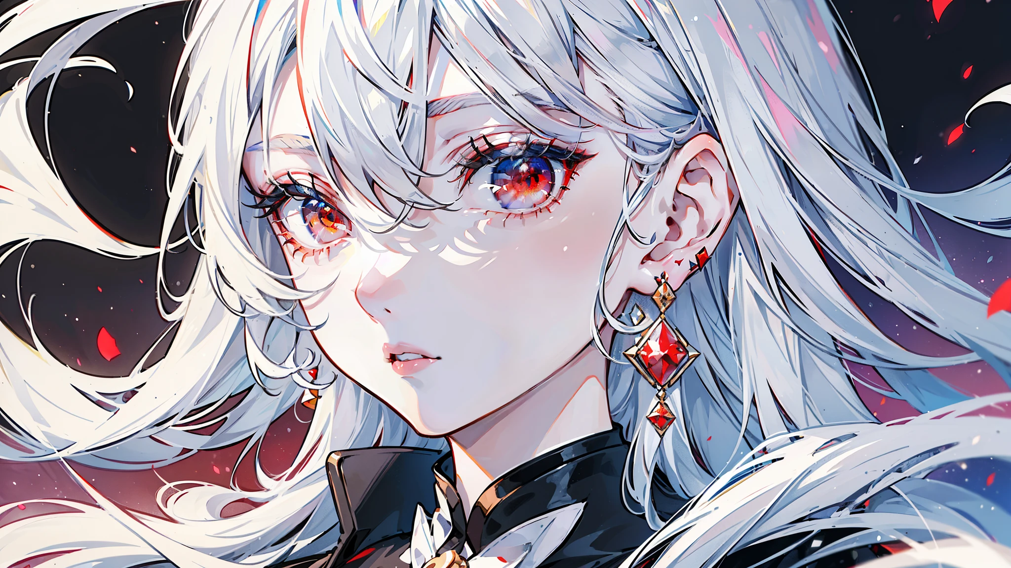 (Portrait:1.4), (masterpiece:1.2, Best Quality:1.2), bottom-up, Full body, 1 Girl with White Hair, Solo, Looking down, Face Focus, Extreme facial details, Cool eyes, extremely detailed eye, good looking, makeup, Fingers on lips, Red Eyes, Thin, slim, white fur coat, Black tights, earrings, (Marco) cafes