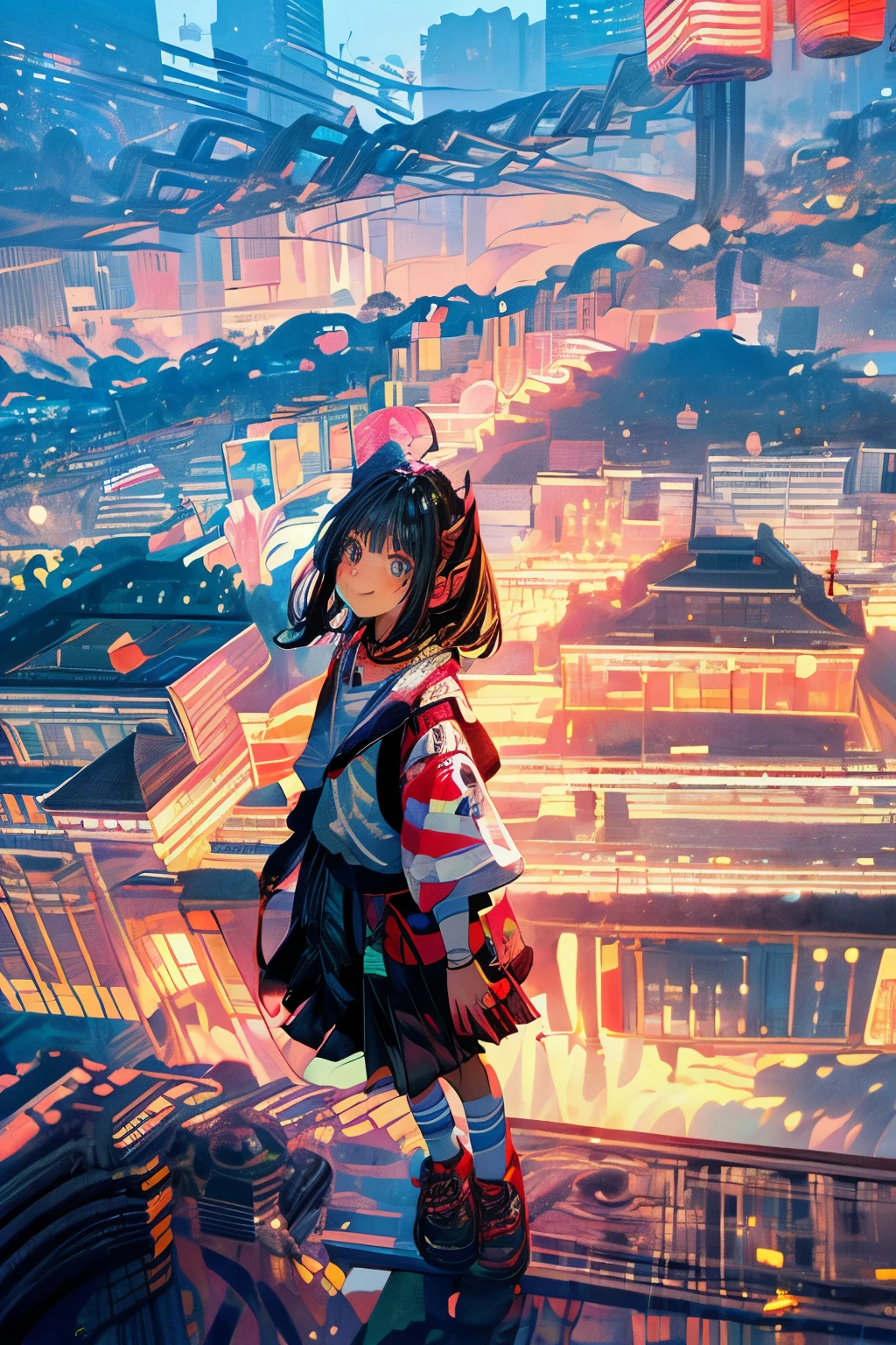 In the modern city,A girl and her shadow,The shadow is the devil in the girl's heart,Fisheye lens,lens with tension,The main body of the picture is a large urban background,Bright and fresh picture,A beautiful, abstract, huge city and a tiny, clean girl in it,An ordinary Japanese anime girl in a surreal background