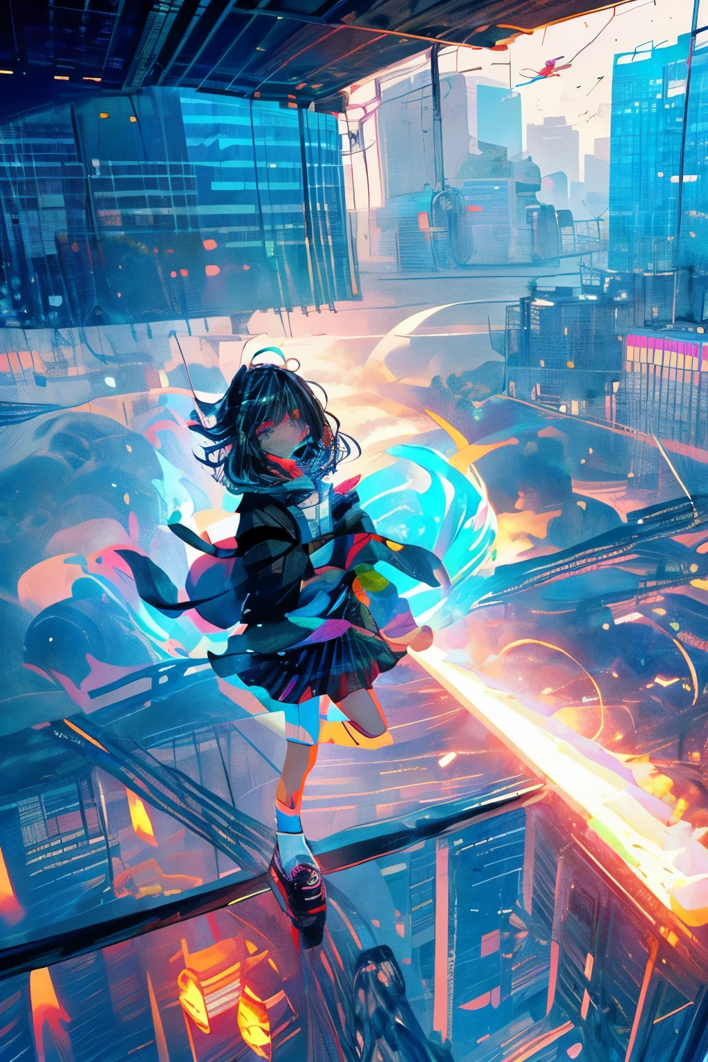 In the modern city，A girl and her shadow，The shadow is the devil in the girl&#39;s heart，Fisheye lens，lens with tension，The main body of the picture is a large urban background，Bright and fresh picture，A beautiful, abstract, huge city and a tiny, clean girl in it，An ordinary Japanese anime girl in a surreal background