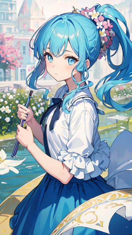 (masterpiece), (highest quality), (Super detailed),(Disheveled Hair),(figure), (One girl), (Fashionable clothes), Are standing, Fashion Model, View your viewers, (interview), (Simple Background),Beautiful fine details, Delicate and beautiful face, floating,(High saturation),(Colorful splashes),Colorful bubbles,(The Shining), Focus on the face, ponytail, kamisato ayaka, Light blue hair, bangs, Hair Ring, Floating Flowers, Floating hair, (The Shining), Best lighting, Best Shadow,