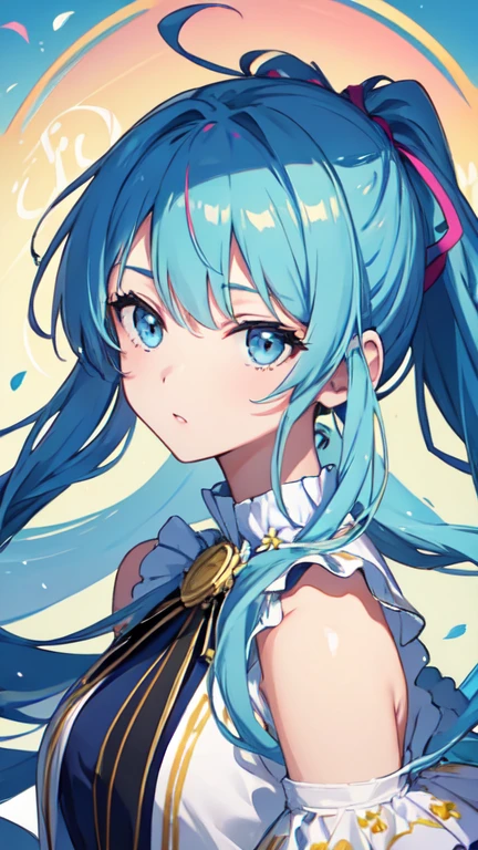 (masterpiece), (highest quality), (Super detailed),(Disheveled Hair),(figure), (One girl), (Fashionable clothes), Are standing, Fashion Model, View your viewers, (interview), (Simple Background),Beautiful fine details, Delicate and beautiful face, floating,(High saturation),(Colorful splashes),Colorful bubbles,(The Shining), Focus on the face, ponytail, kamisato ayaka, Light blue hair, bangs, Hair Ring, Floating Flowers, Floating hair, (The Shining), Best lighting, Best Shadow,