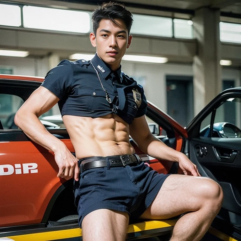 1 handsome Asian guy，27岁policeman，arafed male police 官 in  walking down a hallway, , wearing a sexy police outfit ,  kinky police ,  open outfit: police expose the penis , , majestic，Who is Shi Yu?, Li Yuanbin, Kim Hyung Tae, Kim Hyung Tae, Yin Shishan, Handsome Asian muscular guy，Broad shoulders and narrow waist，A handsome guy in police uniform，Form-fitting fabric contours the bust，in a remote warehouse，hands tied behind back，Hands tied behind the back，hands tied behind back，Masculine and sexy，High，Muscles look good，hairy body，Wheat complexion，black eyes（thin eyes 1：3），whole body image, huge penis, manly penis