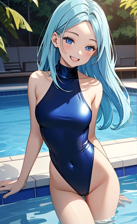 (masterpiece:1.4、top-quality、illustration:1.4,realistic、)、(character focus、breast focus,upper body:1.3)、(1girl),(Open mouth happy grin:1.3),(half closed eyes),cute face,blue eyes、()、
,(stand:1.4),(Shining smile),
,(slender),(turtleneck holder gold cute swimsuit:1.3),(long blue hair:1.6,forehead:1.3), (small breasts:1.3)、
、slender、pool,、