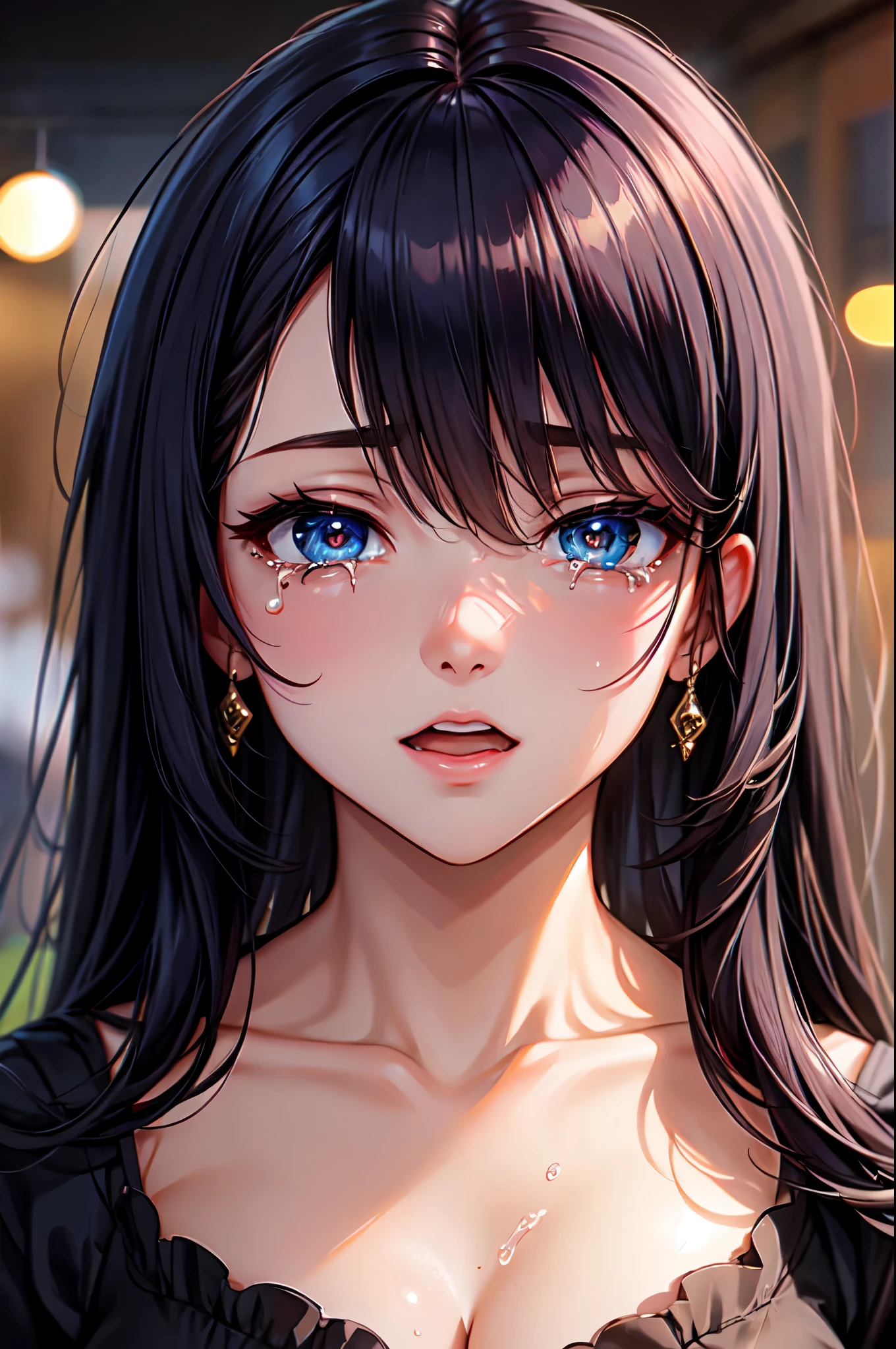 (High quality, High resolution, Fine details), solo, curvy women, black hair, sparkling eyes, (Detailed eyes:1.2), Crying, Tears rolling down cheeks, Open mouth, Sweat, Oily skin, (Focus on face), (Zoom in face), Soft tones, (Bokeh), (shallow depth of field)
