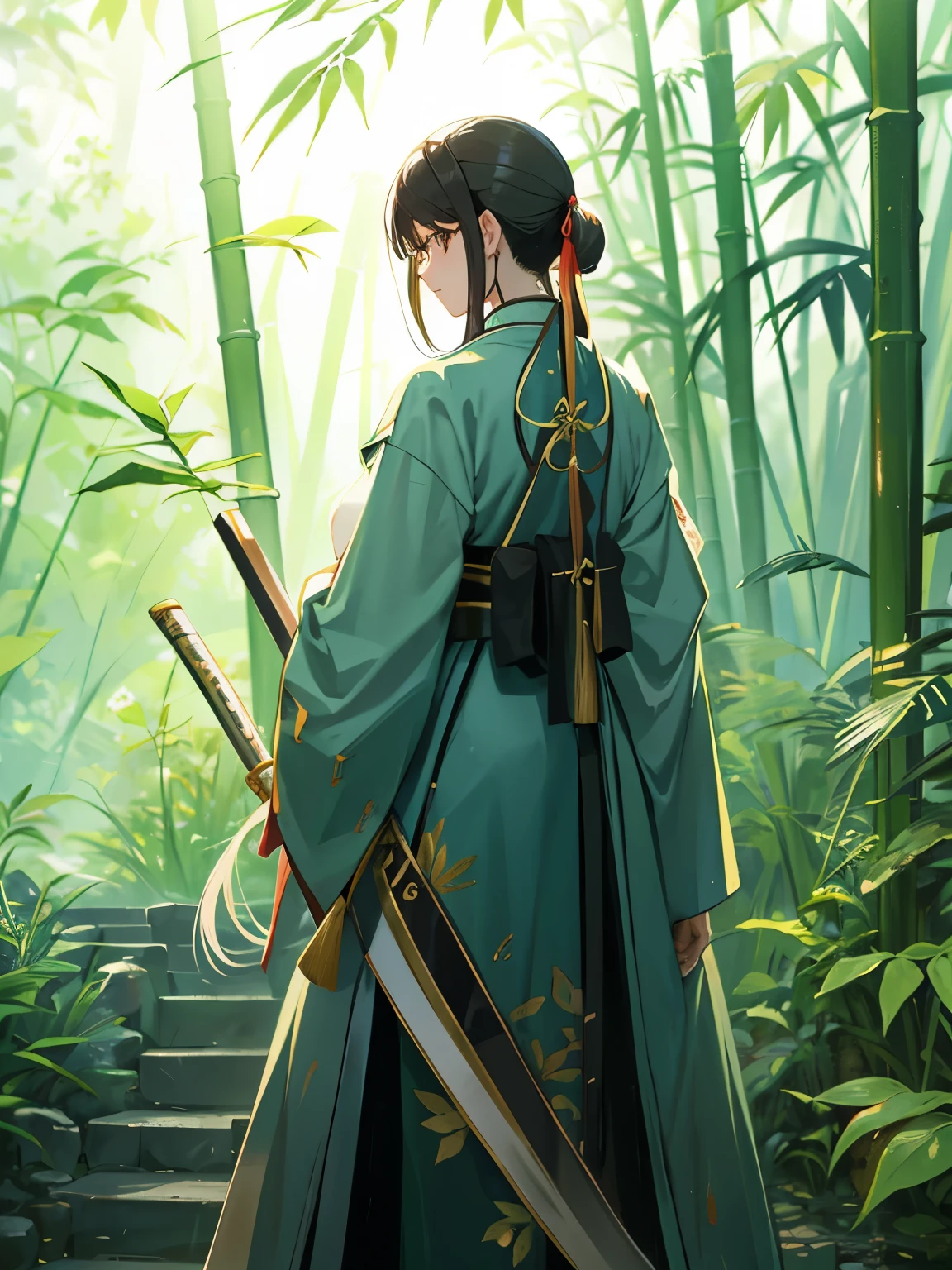 Solo, 1 warriores, hanfu robe, girl, serious face, looking back, with black hair, low ponytail, standing in jungle, view from back, she is looking at back, holding two swords, red jade bangle on hand, chinese hanfu clothes, green hanfu clothes, bamboo pattern clothes,  sword with design, black sword with flower design, white sword,  Chinese theme, bamboo forest at background,