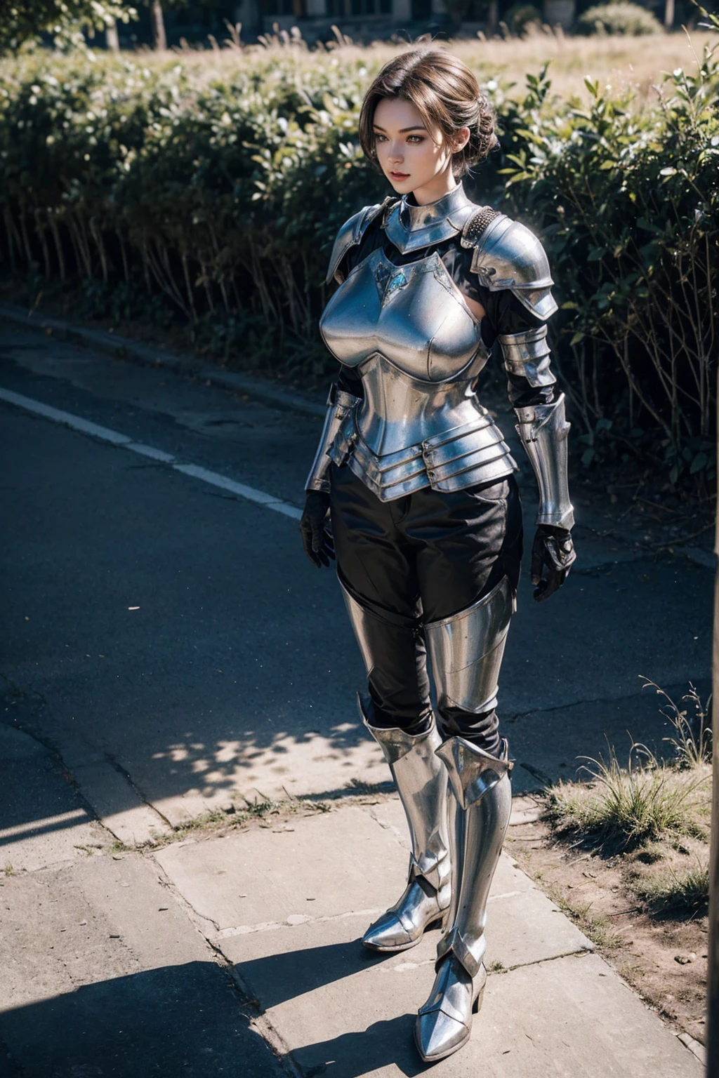 (Shooting from front), (standing), (show front body), (show full body from head to toe), (full body), (tall girl), 1 girl, 8k, best quality, highres, realistic, real person, ultimate-realistic, ultimate-realistic details, ultimate-realistic texture, realistic light source (full big breasts), (big round breasts), (tall body), A fierce and beautiful female knight with short hair facing to the viewer, wearing shining, form-fitting armor, wearing pants. show steel boots. (updo:1.2), (steel armor:1.1), little pattern armor, skinny (Gorget Plackart pauldron :1.3), (gloves). The background shows grassland and bright sky.
