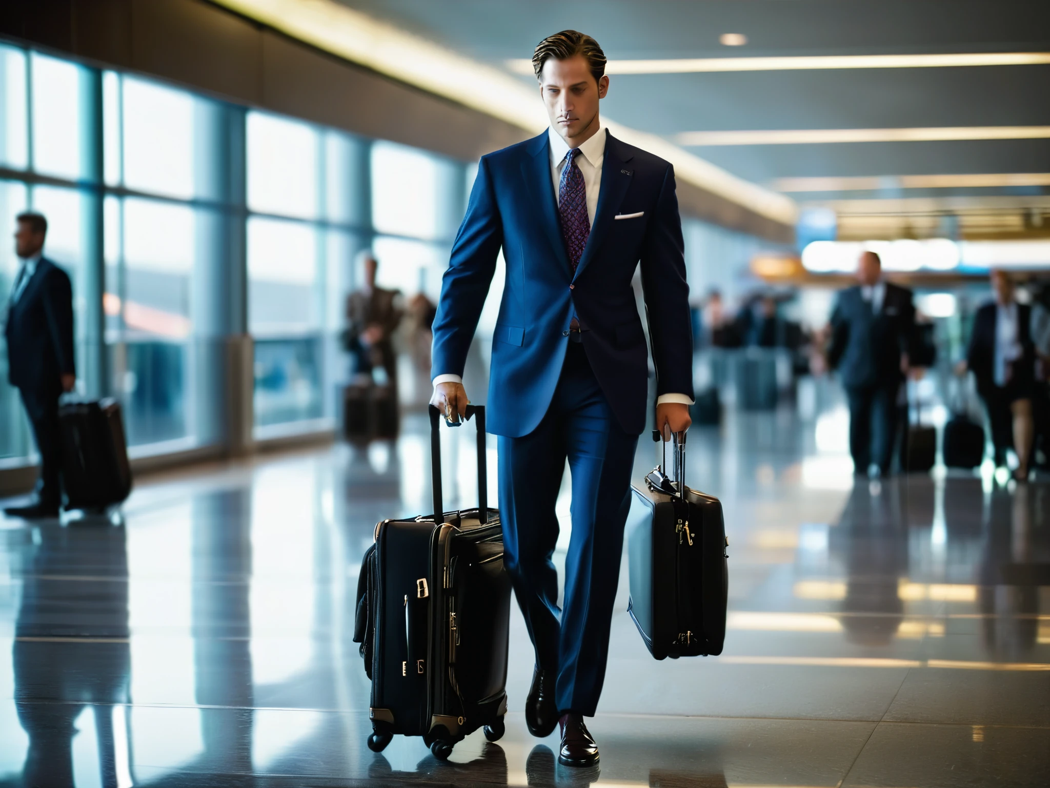 RAW, 1man, navy color suit, In the airport lobby, a businessman is rolling his suitcase as he moves through the area. Dressed in a suit and tie, he appears to be well-prepared for his business trip. Periodic flight announcements echo in the background. His face shows a focused expression, indicating he is busy with preparations and upcoming meetings, best quality, masterpiece, 8k, 16k, unreal engine 5, ultra sharp focus, award winning photograph, trending on art station