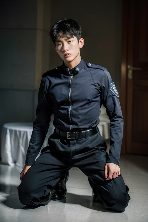 a handsome korean police officer, bulletproof vest, jk, jungkook, bts, ulzzang boy, intricate details, realistic, photorealistic, 8k, hyper detailed, cinematic lighting, dramatic shadows, vibrant colors, chiaroscuro, dramatic atmosphere, cinematic composition, depth of field, award winning photography