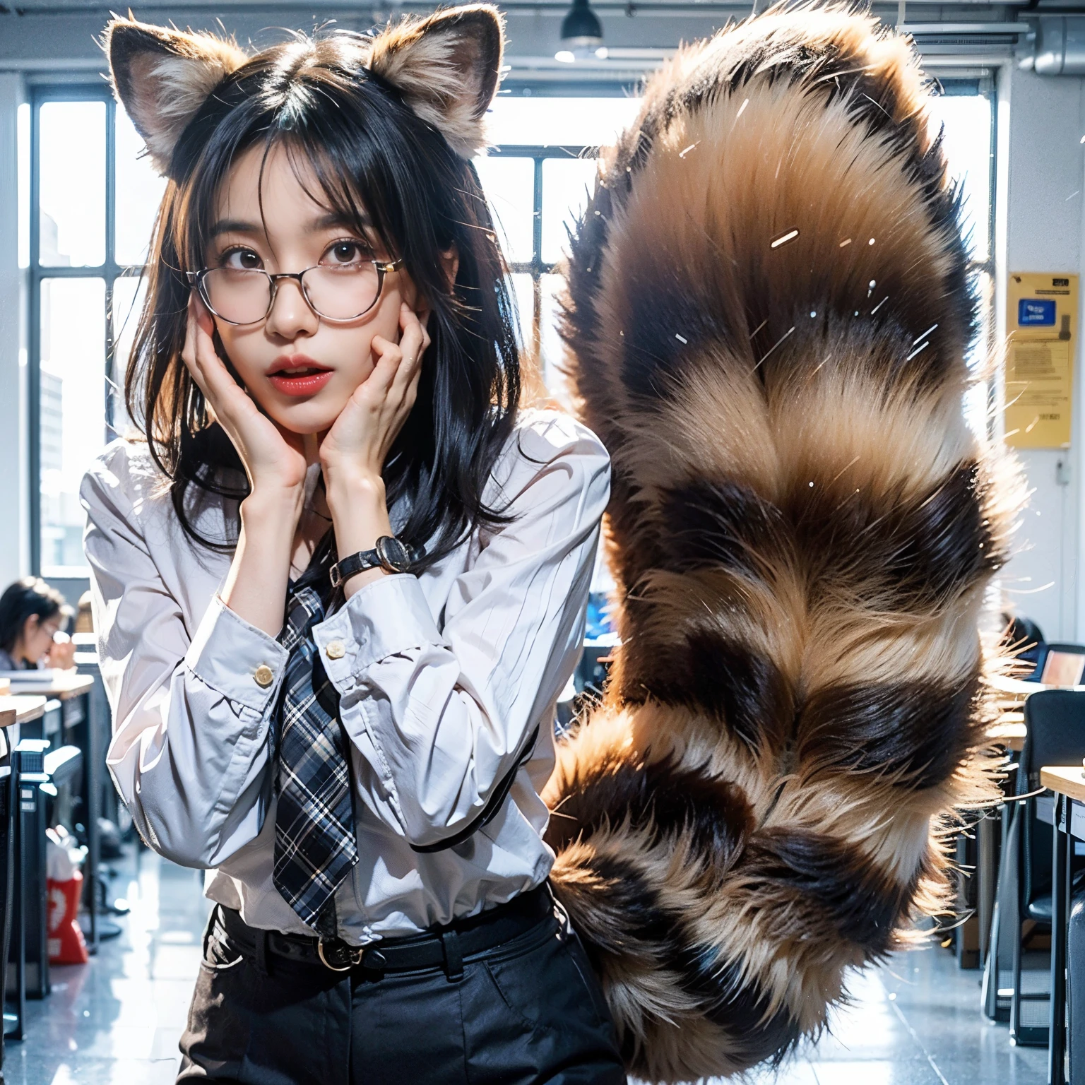 A woman wearing a business suit with a raccoon's tail, SFW version, pov fur art, Hairy tail, fur art, furry animal with a tail, (SFW) Safe at Work, SFW, Anthropomorphic Raccoon, realistic raccoon dog, fur art!!!, fur artist, furaffinity fees, anthropomorphic fur art, photograph, highest quality, Troubled face