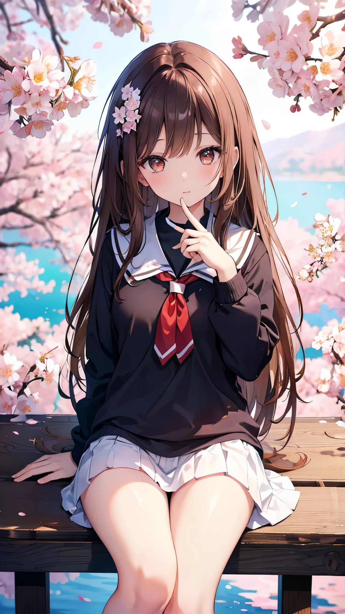 Hi-Res、masterpiece、Chizuru Ichinose、Brown hair、Soio、Female one、hi-school girl、Schools、Colored leaves、sitting on、细致背景、A detailed eye、((Brown-eyed)),Beautiful and perfect legs, Clean and perfect hands