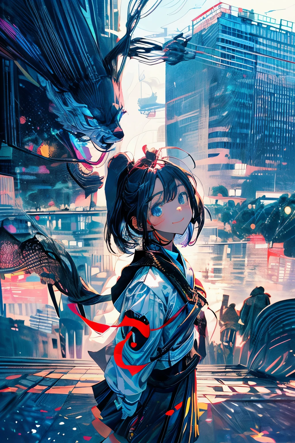 In the modern city,A girl and her shadow,The shadow is the devil in the girl's heart,Fisheye lens,lens with tension,The main body of the picture is a large urban background,Bright and fresh picture,A beautiful, abstract, huge city and a tiny, clean girl in it,An ordinary Japanese anime girl in a surreal background