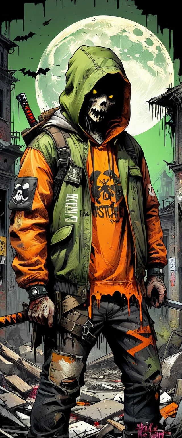 ((Post-Apocalyptic Wasteland, abandoned place, rubble, destruction, destroyed buildings graffiti on walls:1.5)), ((dark zombies, tattered clothes with hood and weapons, dynamic pose, epic:1.6)), ((background dark, full moon night:1.4)), (Masterpiece),(best quality:1.4), (ultra high resolution:1.4), detailed painting, (((dark colors, orange, green, yellow, intricate:1.5) ), (( Post-Apocalyptic:1.4 )), (( best quality, vibrant, 32K, well-defined highlights and shadows without text:1.3).