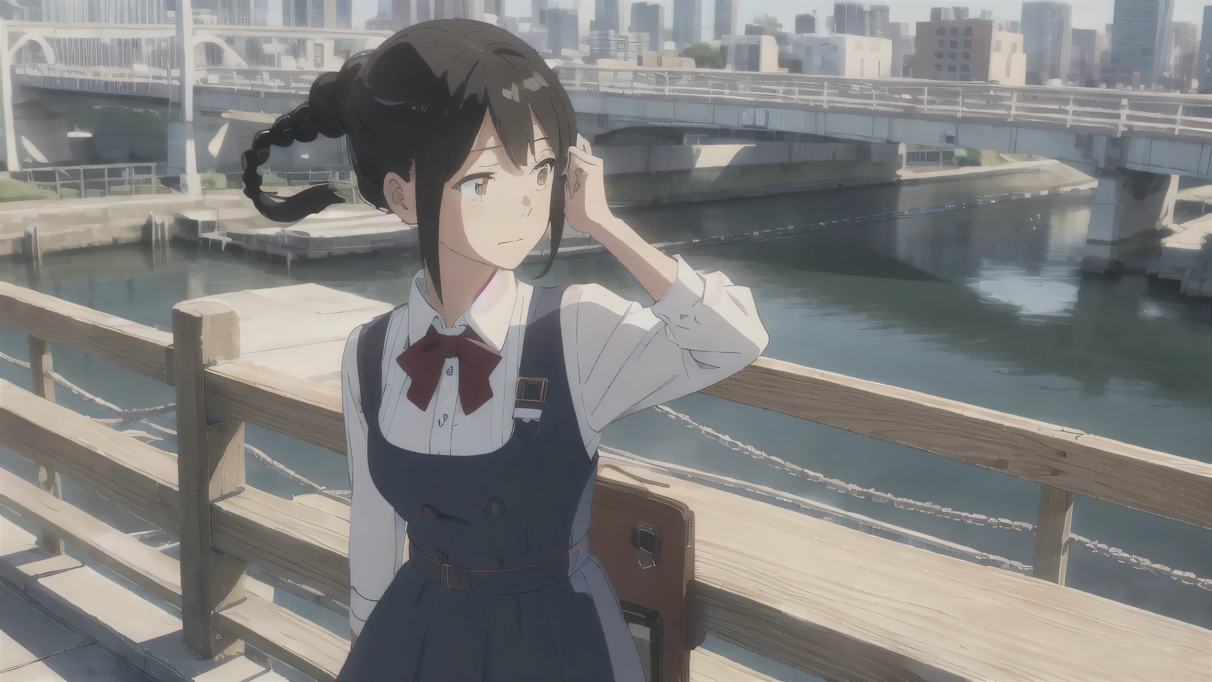 The Wind of Sincerity, anime, On Bridge, Moving visual effects, Natural glare. Denim with a dress shirt and tie, A 20-year-old girl with a kind face drinking coffee alone at On Bridge. She is wearing glasses and listening to music happily while drinking coffee.,Braid,