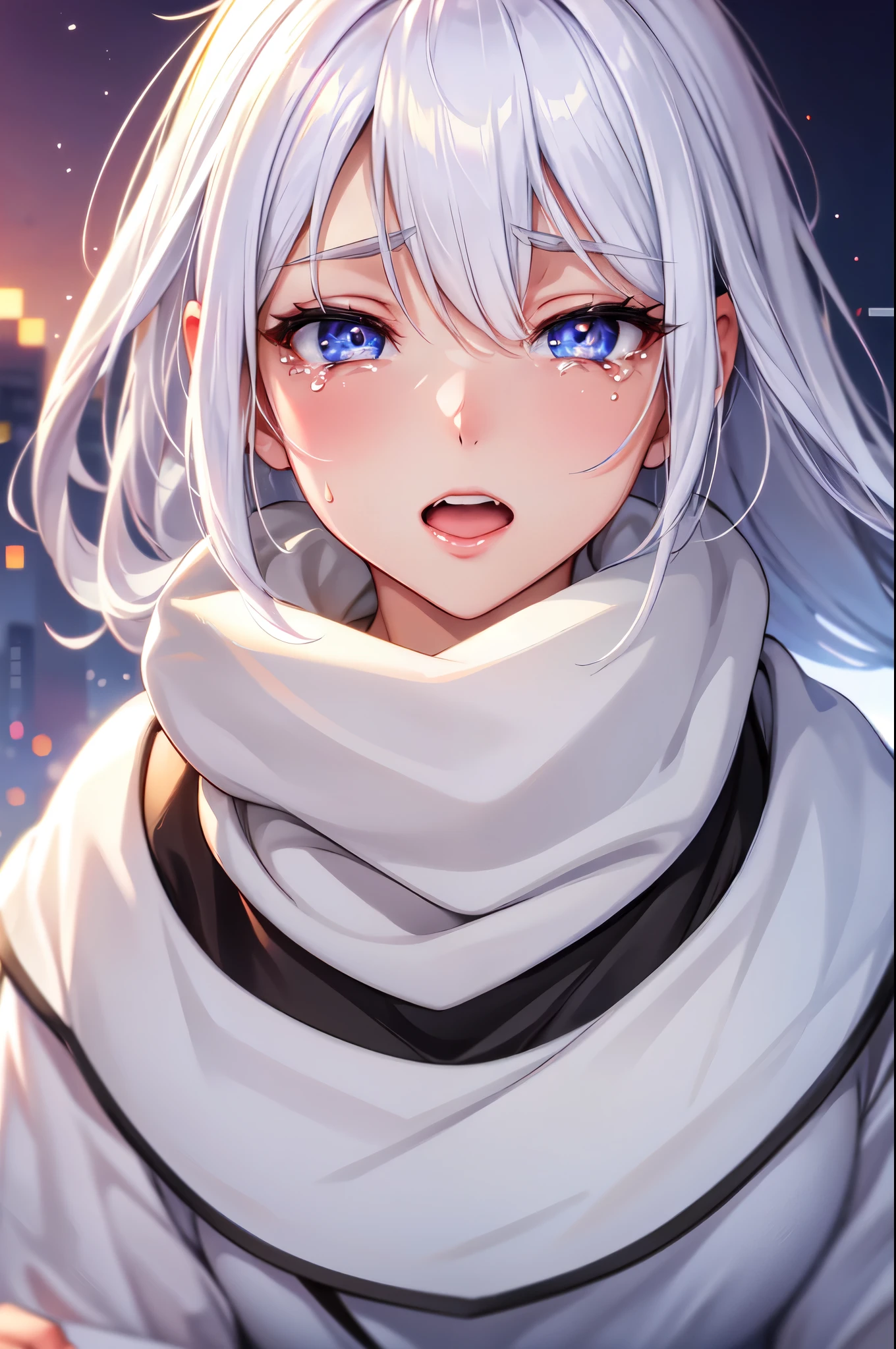 (High quality, High resolution, Fine details), solo, curvy women, white hair, sparkling eyes, (Detailed eyes:1.2), Crying, Tears rolling down cheeks, Open mouth, Sweat, Oily skin, (Focus on face), (Zoom in face), Soft tones, (Bokeh), (shallow depth of field)