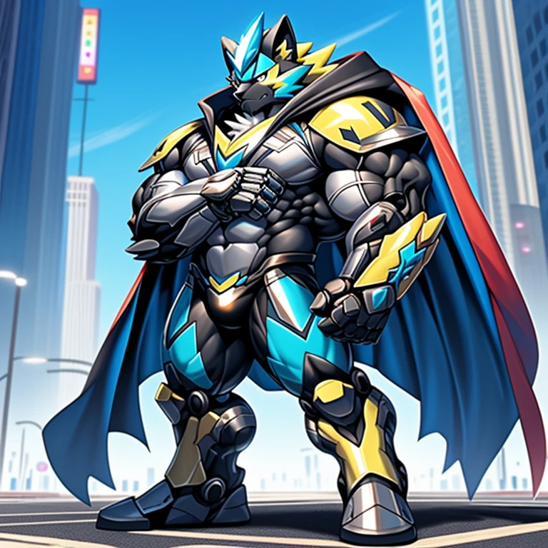 Wearing cyberpunk mecha,
Wearing full plate armor
Its full plate armor emphasizes the muscles.
mechs,
a knight's mechanical armor,
glowing wide and heavy armor,
He wears the same armor as himself from head to foot.
a furry hero whose presence inspires trust and respect.
super hero, hero, bodysuit,

(masterpiece, best quality, detailed:1.2)
(Pokémon)
Powered exoskeleton with the same design as Zeraora
big muscle,
pecs, triceps, traps, waist narrow,
unusually developed muscular body,
bulge in the crotch, wears a small black string thong that reveals huge, muscular thighs. (metallic color: jet black thong)
body full of huge muscles.
also have a cloak on my back.
The cloak is black.
The cloak is so long that it touches the ground,
showing off muscles,
Correct limbs,
detailed full body,
Very muscular,
Large pecs,
Heavyweight,
big bump,
sparkling skin,
Vibrant colors, 4K,
realism,
full body, 
wearing a dark bodysuit underneath, 
4K, realism, Don't stray too far from Zeraora's design, Furry Heroes, Main is yellow COLOR,
Main is yellow COLOR.
pectorales enormes.
Exaggeratedly huge muscles.


crossed arms
looking down at the other person.
stepping on the enemy.