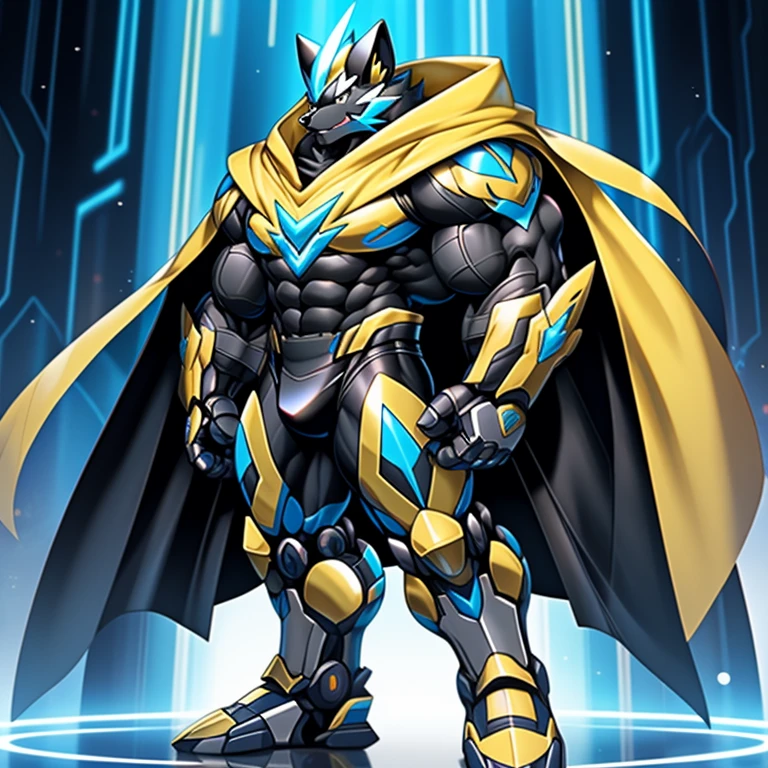 Wearing cyberpunk mecha,
Wearing full plate armor
Its full plate armor emphasizes the muscles.
mechs,
a knight's mechanical armor,
glowing wide and heavy armor,
He wears the same armor as himself from head to foot.
a furry hero whose presence inspires trust and respect.
super hero, hero, bodysuit,
(masterpiece, best quality, detailed:1.2)
(Pokémon)
Powered exoskeleton with the same design as Zeraora
big muscle,
pecs, triceps, traps, waist narrow,
unusually developed muscular body,
bulge in the crotch, wears a small black string thong that reveals huge, muscular thighs. (metallic color: jet black thong)
body full of huge muscles.
also have a cloak on my back.
The cloak is black.
The cloak is so long that it touches the ground,
showing off muscles,
Correct limbs,
detailed full body,
Very muscular,
Large pecs,
Heavyweight,
big bump,
sparkling skin,
Vibrant colors, 4K,
realism,
full body,
wearing a dark bodysuit underneath,
4K, realism, Don't stray too far from Zeraora's design, Furry Heroes, Main is yellow COLOR,
Main is yellow COLOR.
pectorales enormes.
Exaggeratedly huge muscles.
crossed arms
looking down at the other person.
stepping on the enemy.