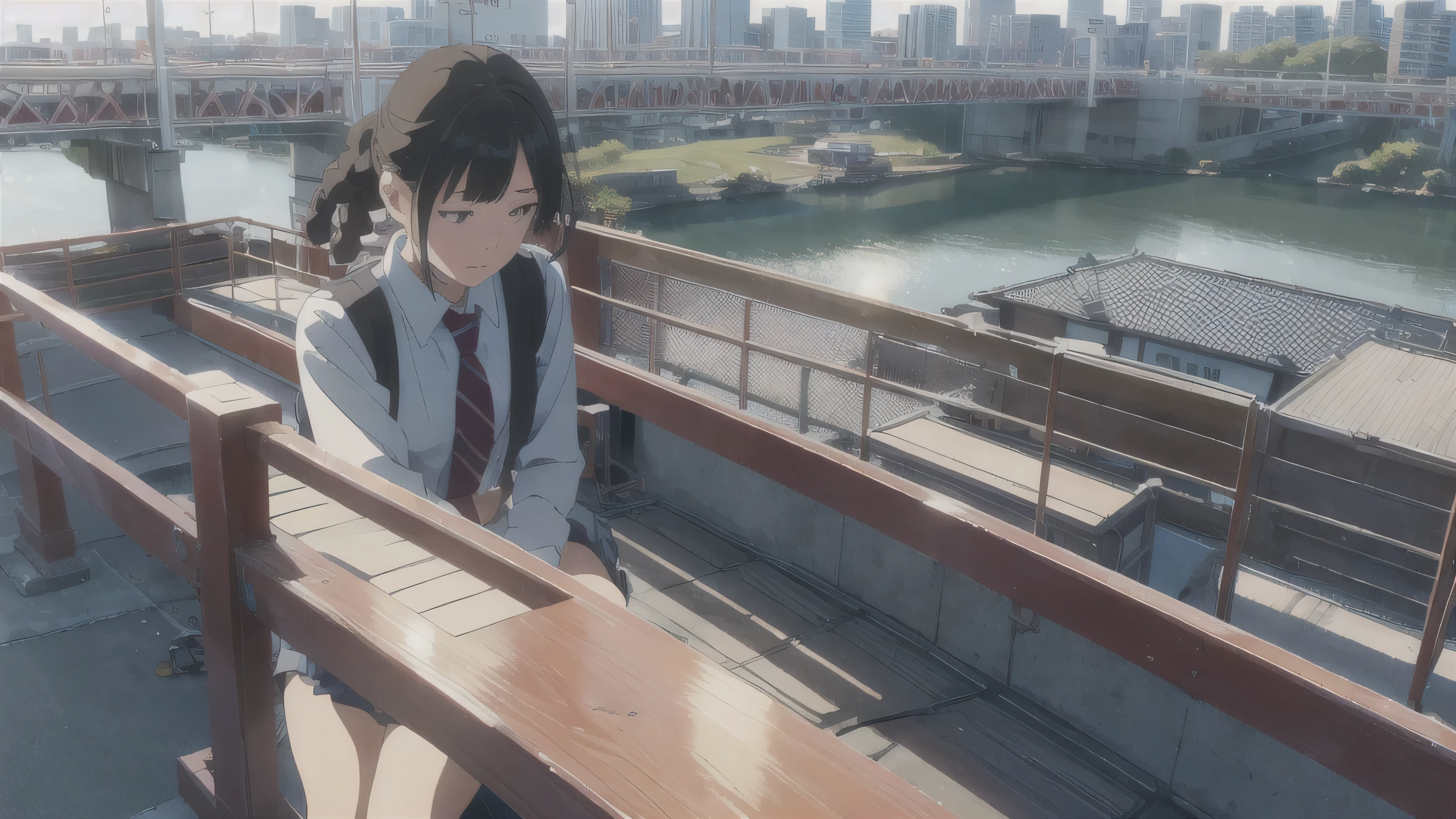 The Wind of Sincerity, anime, On Bridge, Moving visual effects, Natural glare. Denim with a dress shirt and tie, A 20-year-old girl with a kind face drinking coffee alone at On Bridge. She is wearing glasses and listening to music happily while drinking coffee.,Braid,