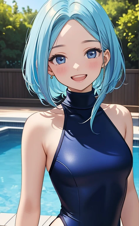 (masterpiece:1.4、top-quality、illustration:1.4,realistic、)、(character focus、breast focus,upper body:1.3)、(1girl),(Open mouth happy grin:1.3),(half closed eyes),cute face,blue eyes、()、
,(stand:1.4),(Shining smile),
,(slender),(turtleneck holder black cute swimsuit:1.3),(long blue hair:1.6,forehead:1.3), (small breasts:1.3)、
、slender、pool,、