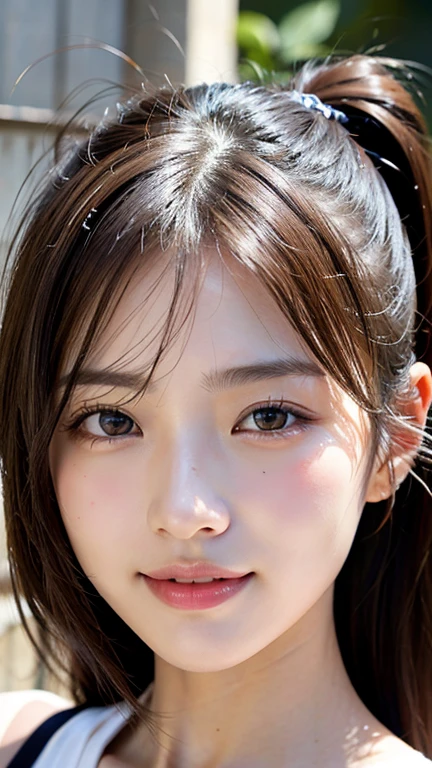 With the alleys of Kyoto in the background、18-year-old girl、independent、I'm looking forward to、Light eye makeup、Brown Hair Color、flat 、Hair blowing in the wind、Quality of actress、Shiny, Ultra-realistic faces、smileの表情、Watery eye、look up、Calming lighting effects、 Ultra-Realistic Capture、Very detailed、High resolution 16k human skin closeup。Skin texture must be natural、Must be so detailed that pores are visible、skin is healthy、Must be an even tone、Use natural light and color、High quality photos taken by a modeling agency'Exclusive photographer、smile