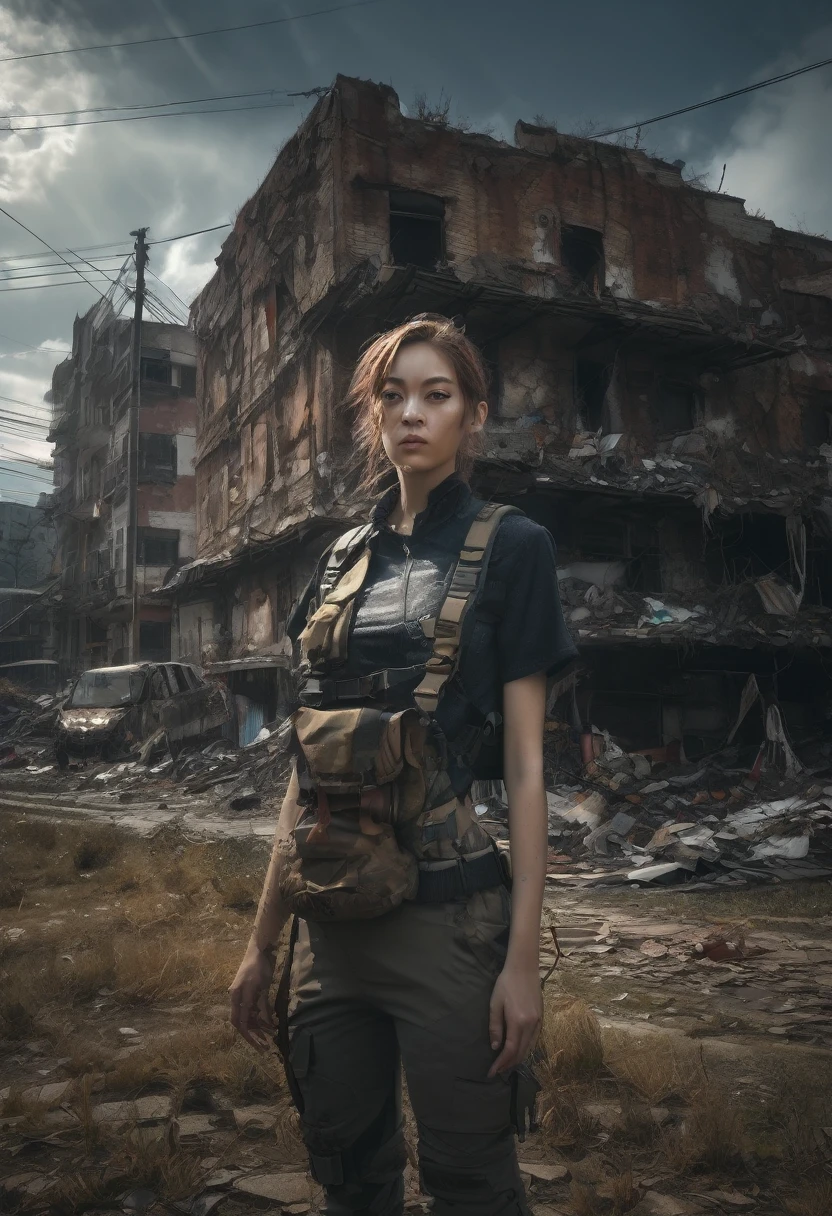 1girl, Post-Apocalyptic Wasteland, I invoke The World!(best quality,4k,8k,highres,masterpiece:1.2),ultra-detailed,(realistic,photorealistic,photo-realistic:1.37), HDR, UHD, studio lighting,ultra-fine painting,sharp focus,physically-based rendering,extreme detail description,professional,vivid colors,bokeh, portraits,landscape,horror,anime,sci-fi,photography,concept artists, desolate city ruins,dystopian atmosphere,dramatic lighting,thick smoke,abandoned vehicles,crumbling buildings,decaying infrastructure,overgrown vegetation,barren landscape,distant mountains,ruins of the past,wandering girl,courageous and determined expression,protective clothing,carrying a survival backpack,armed with a makeshift weapon,scavenging for resources,searching for signs of life,unforgiving sky,piercing winds,tall grass swaying,ominous dark clouds,red dust swirling,harsh sunlight casting long shadows,cracked pavement,earth-toned color palette,dilapidated and rusted metal structures,overturned cars,fading graffiti,desolation and despair in her eyes, nature reclaiming what was once a thriving city,chaotic mix of destruction and beauty,majestic and haunting, a world on the brink of collapse.